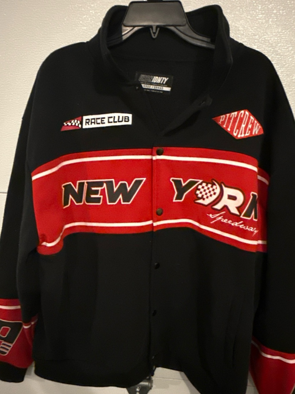 URBNIDNTY New York Pit Crew Racing Jacket Mens Large Black Red Streetwear